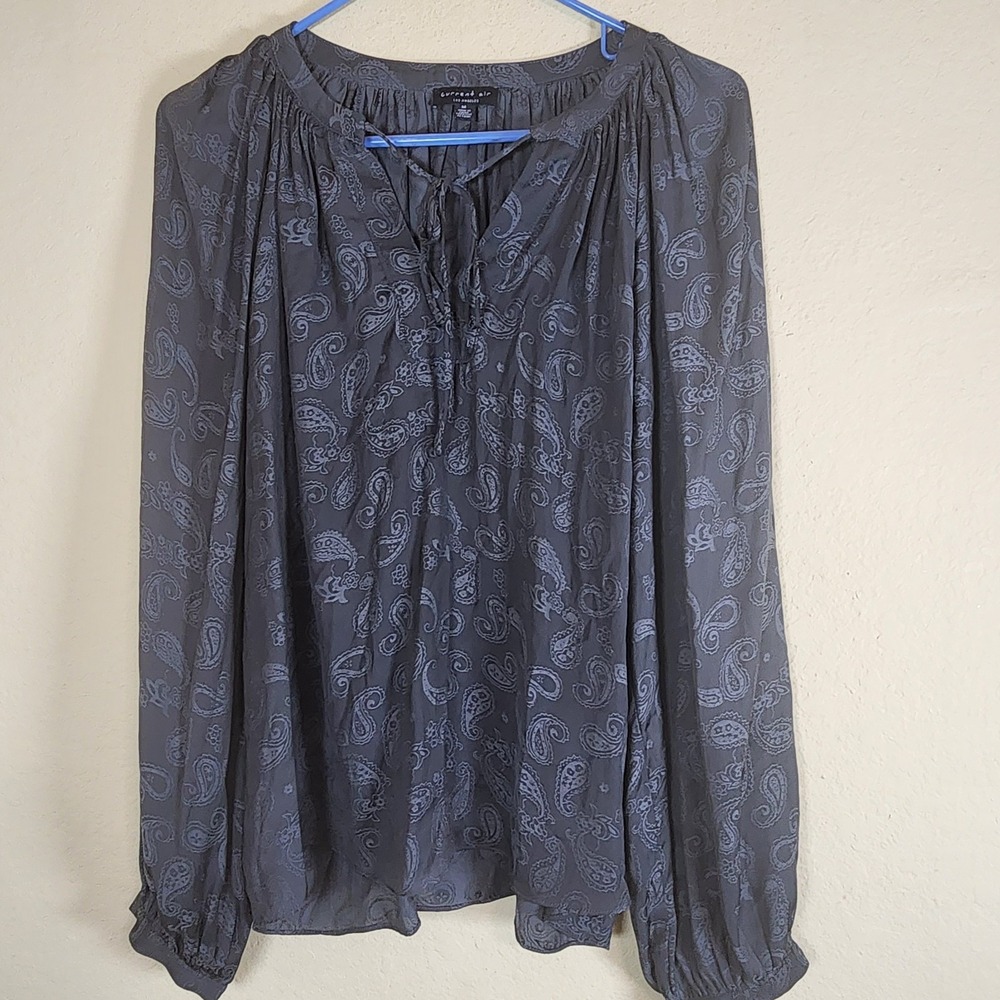 Current Air Los Angeles Grey Paisley Jacquard Tie Neck Boho Blouse Medium